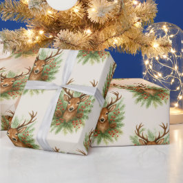 Rustic Woodland Deer Head with Winter Foliage - Geschenkpapier