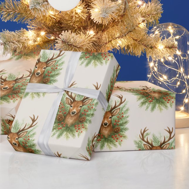 Rustic Woodland Deer Head with Winter Foliage -  Geschenkpapier (Feiertage)