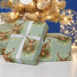 Rustic Woodland Deer Head with Winter Foliage - Geschenkpapier