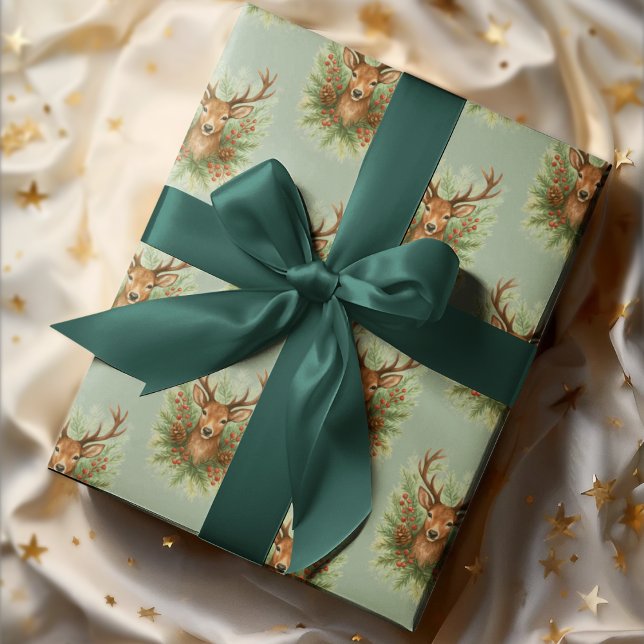 Rustic Woodland Deer Head with Winter Foliage -  Geschenkpapier (Von Creator hochgeladen)