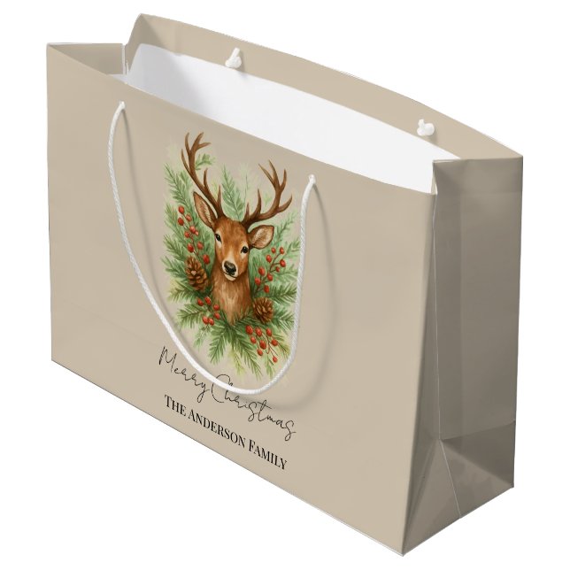 Rustic Woodland Deer Head with Winter Foliage -  Große Geschenktüte (Rückseite Schrägansicht)