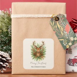 Rustic Woodland Deer Head with Winter Foliage - Quadratischer Aufkleber