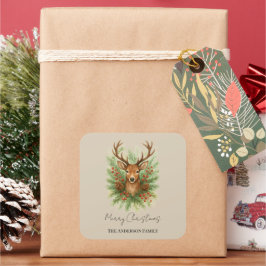 Rustic Woodland Deer Head with Winter Foliage - Quadratischer Aufkleber