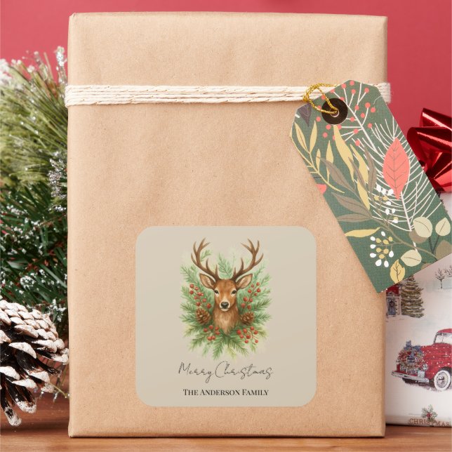 Rustic Woodland Deer Head with Winter Foliage -  Quadratischer Aufkleber (Feiertag)