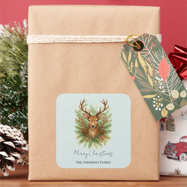 Rustic Woodland Deer Head with Winter Foliage -  Quadratischer Aufkleber (Feiertag)