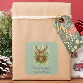 Rustic Woodland Deer Head with Winter Foliage - Quadratischer Aufkleber