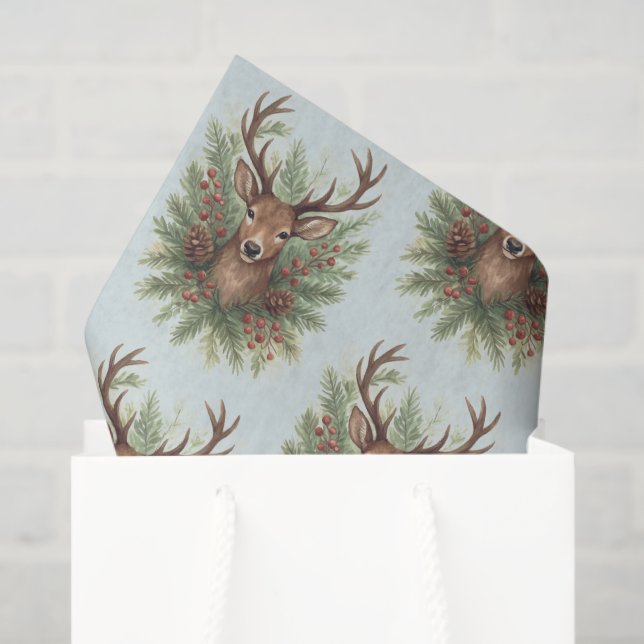 Rustic Woodland Deer Head with Winter Foliage -  Seidenpapier (Geschenktüte)