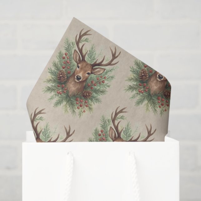Rustic Woodland Deer Head with Winter Foliage -  Seidenpapier (Geschenktüte)