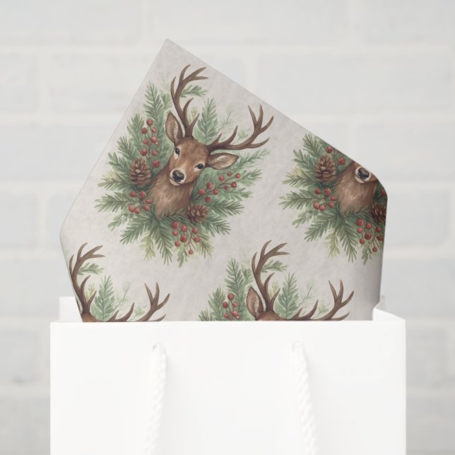 Rustic Woodland Deer Head with Winter Foliage -  Seidenpapier (Geschenktüte)