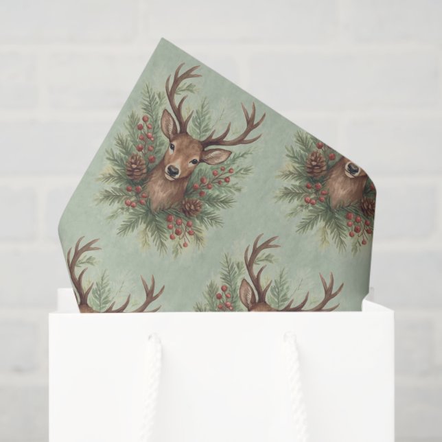 Rustic Woodland Deer Head with Winter Foliage -  Seidenpapier (Geschenktüte)