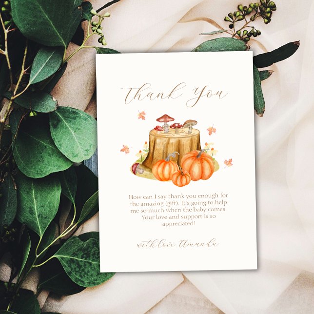 Rustic Woodland Fall Pumpkin Mushroom Baby Dusche Dankeskarte (Rustic Woodland Fall Pumpkin Mushroom Baby Shower Thank You Card)