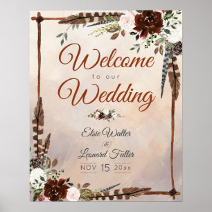 Rustic Woodland Feathers and Floral Bloom Poster