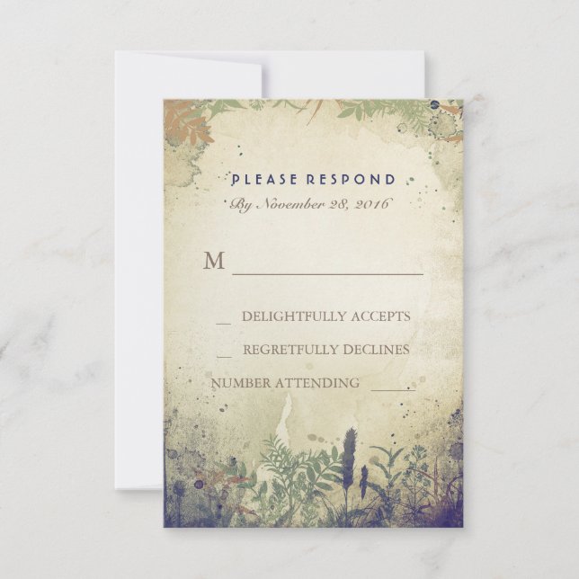 Rustic Woodland Navy Wedding RSVP Card Karte (Vorderseite)