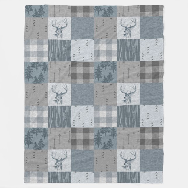 Rustic Woodland Patchwork Fleece Blanket - Blau (Vorderseite)
