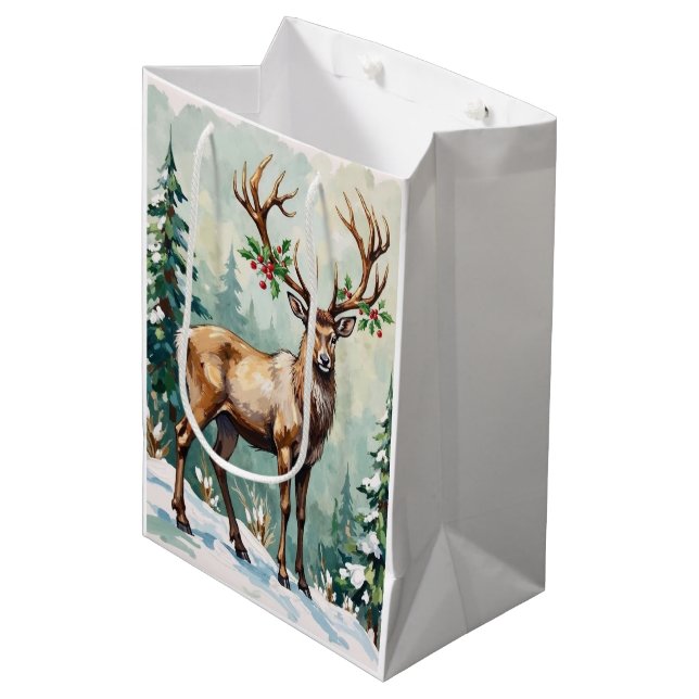 Rustic Woodland Reindeer Elegant Christmas Art Mittlere Geschenktüte (Vorderseite Schrägansicht)