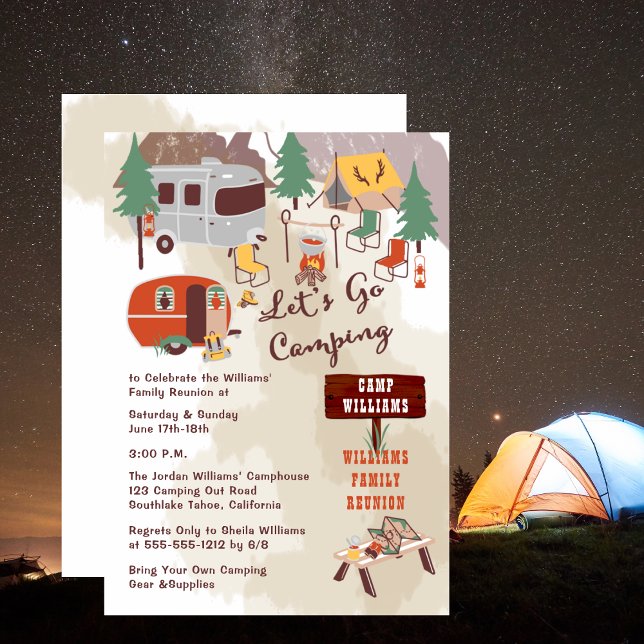 Rustic Woodsy Lasse Go Camping Family Wiedersehen  Einladung (Let's Go Camping Campground-Themed Family Reunion Invitation)