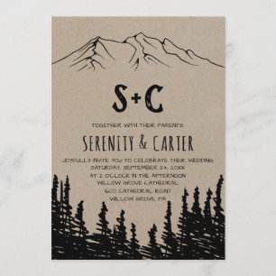 Rustic Woodsy Mountain Monogram Wedding Einladung