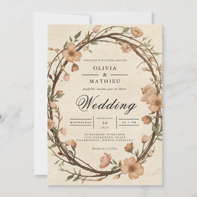 Rustic Woven Wreath Floral Wedding Einladung (Vorderseite)