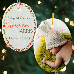 Rustic Wreath Baby's 1. Weihnachtsjubiläum Foto Or Ornament