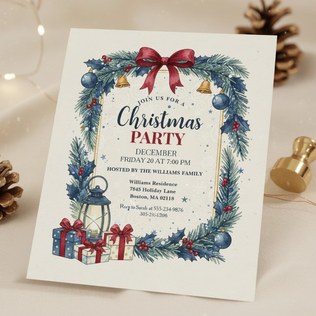 Rustic Wreath Christmas Party Invitation Blue Einladung (Christmas Party Invitation)