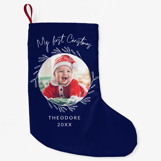 Rustic Wreath Leaf My first Christmas Baby Photo  Kleiner Weihnachtsstrumpf (Vorderseite)
