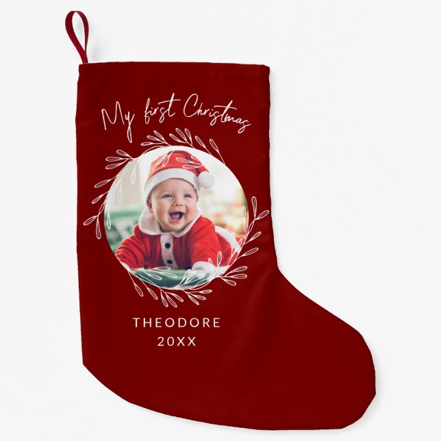 Rustic Wreath Leaf My first Christmas Baby Photo  Kleiner Weihnachtsstrumpf (Vorderseite)