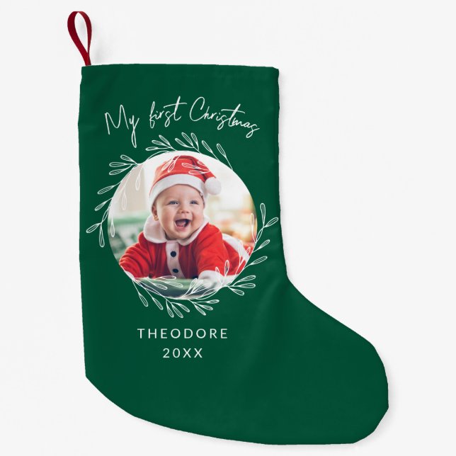 Rustic Wreath Leaf My first Christmas Baby Photo  Kleiner Weihnachtsstrumpf (Vorderseite)
