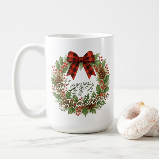 Rustic Wreath Red Black Checkered Bow Holiday Kaffeetasse (Mit Donut)