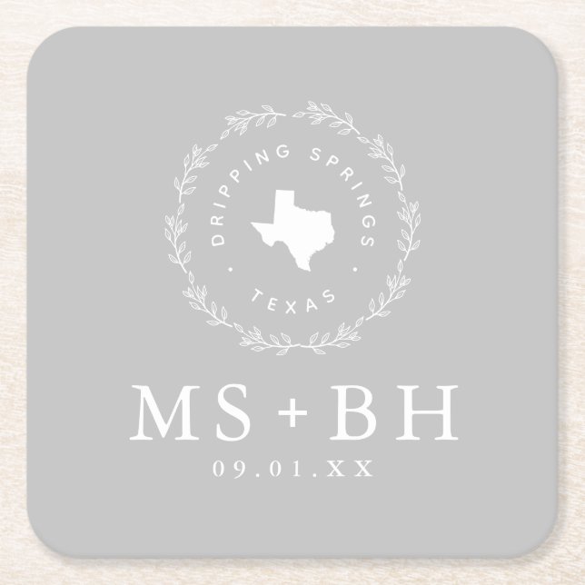 Rustic Wreath Texas Wedding Monogram | Grau Rechteckiger Pappuntersetzer (Vorderseite)