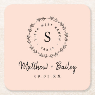 Rustic Wreath Wedge Monogram   Blüte Rechteckiger Pappuntersetzer