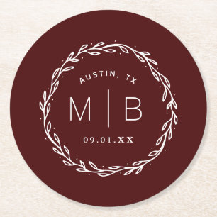 Rustic Wreath Wedge Monogram   Burgund Runder Pappuntersetzer