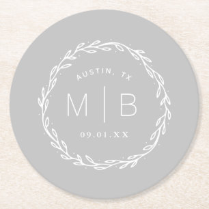 Rustic Wreath Wedge Monogram   Grau Runder Pappuntersetzer