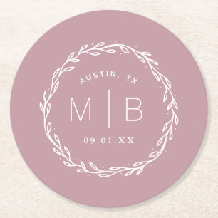 Rustic Wreath Wedge Monogram   Mauve Runder Pappuntersetzer