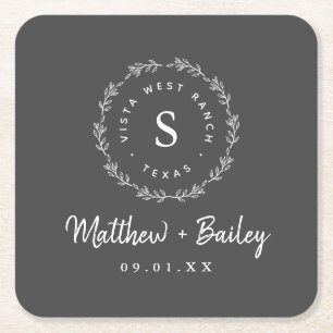 Rustic Wreath Wedge Monogram Rechteckiger Pappuntersetzer