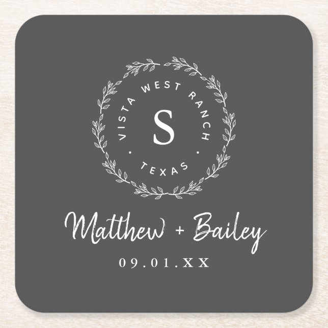 Rustic Wreath Wedge Monogram Rechteckiger Pappuntersetzer (Vorderseite)