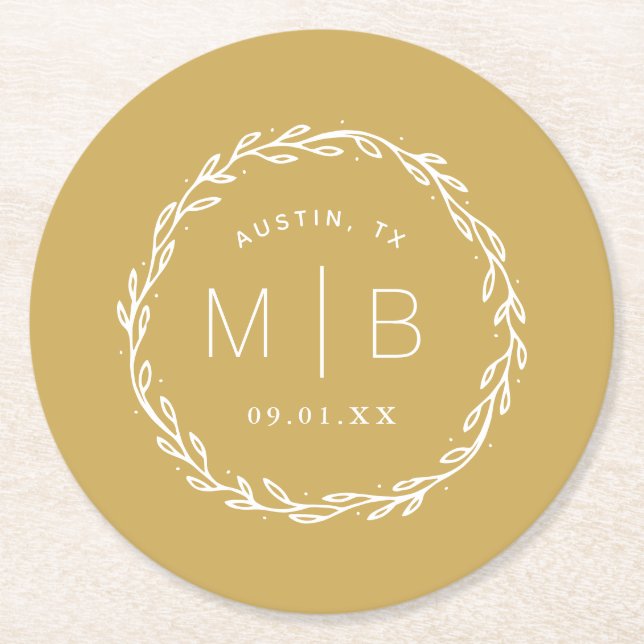 Rustic Wreath Wedge Monogram | Senf Yellow Runder Pappuntersetzer (Vorderseite)