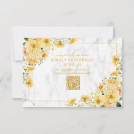 Rustic Yellow Floral Marble QR Code Wedding RSVP Karte
