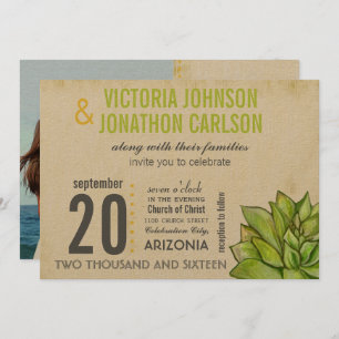 Rustic Yellow Lime Succulent Typography Wedding Einladung