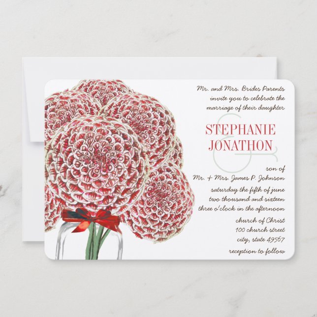 Rustic Zinnia Red Mason Jar Wild Blume Wedding Einladung (Vorderseite)