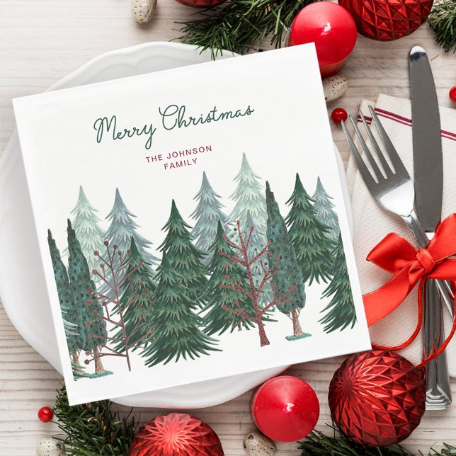 Rustig grüne Bäume Wald Weihnachtsfeiertag Serviette (Pine Trees Forest | Christmas Holiday Napkins, image freepik)