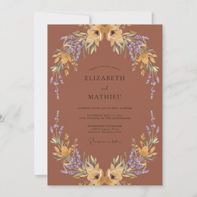 Rustige Goldene Wildblumen-Hochzeit Einladung (Vorderseite)