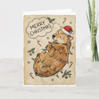 Rustige Vintage-Skizze Shiba Inu Weihnachten Hund Karte