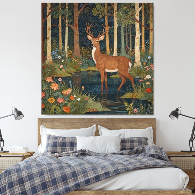 Rustige Waldhirsche Boho-Waldgrün  Leinwanddruck (Insitu (Schlafzimmer))