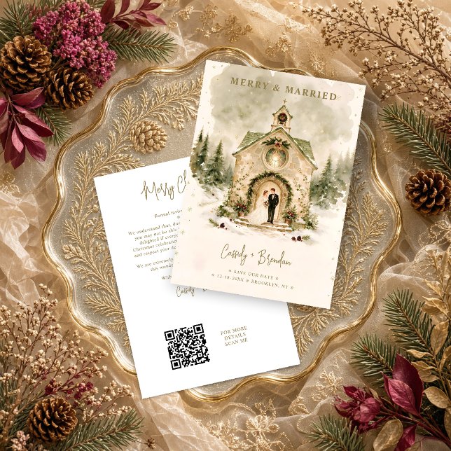 Rustige Weihnachtskirche Brautpaar Hochzeit TLW26 Save The Date (Winter Christmas Church Couple Wedding Save the Date with Festive Pine Garlands.)