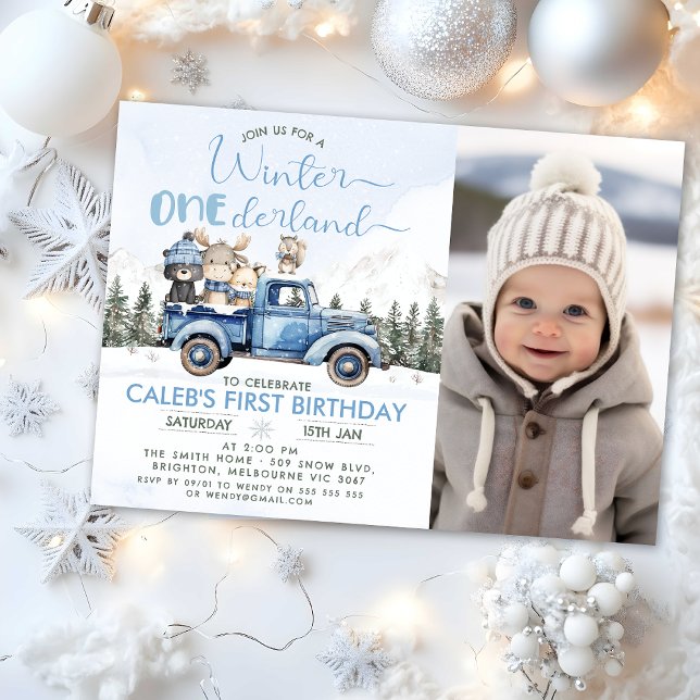 Rustiger blauer LKW Winter Onederland 1. Geburtsta Einladung (Winter Onederland Birthday Invitation, Winter Onederland - 1st Birthday Invitation Template, Blue)