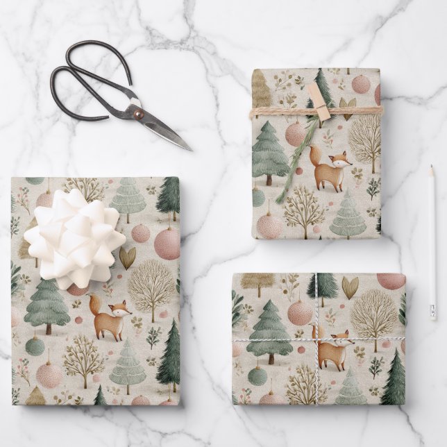 Rustiger Fuchs und Weihnachtsbaum mit Pastellschmu Geschenkpapier Set (Vorderseite)
