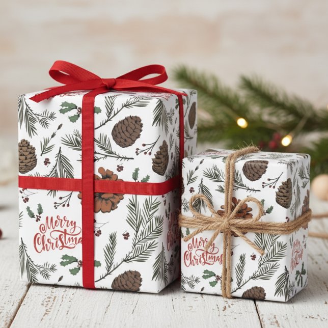Rustiges Frohe Weihnachten Zapfen & Stechpalmenbee Geschenkpapier (Rustic Merry Christmas Pinecones, Holly Berry, Evergreen Pattern Elegant Holiday Wrapping Paper.)