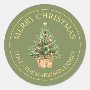 Rustiges Frohes Weihnachten Wasserfarbe Tannenbaum Runder Aufkleber