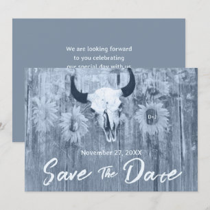 Rustik Blaue Sonnenblumen mit Stier-Schädel Save The Date
