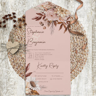 Rustik Boho Rosa Neutrale Blütenrosa Dinner All In One Einladung